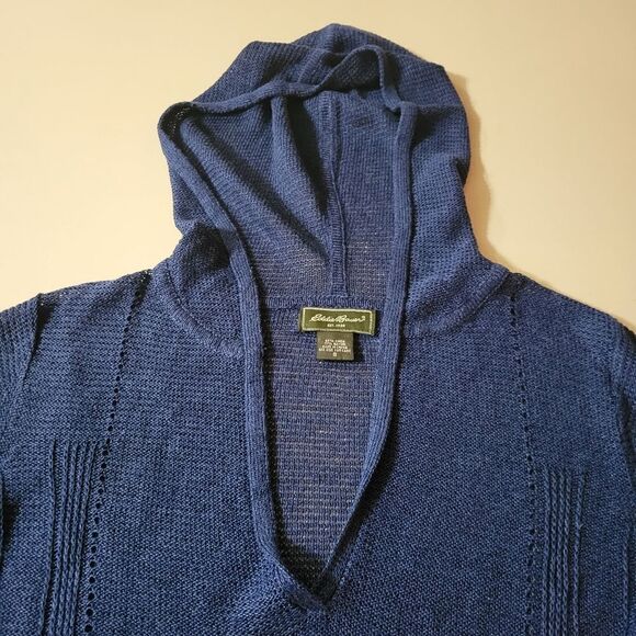 Eddie Bauer Women's Blue Knit V-neck Hooded Long Sleeve Sweater - Picture 7 of 11